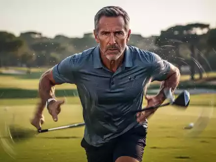 Ein reifer Golfprofi trainiert Ausdauer auf einem Spinning-Bike, im Hintergrund unscharf ein Golfplatz. Fokus auf Fitness und Langlebigkeit. - Foto: über boerse-global.de