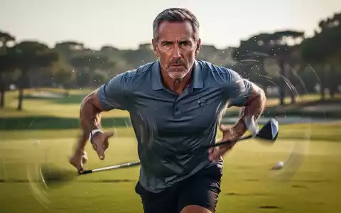 Ein reifer Golfprofi trainiert Ausdauer auf einem Spinning-Bike, im Hintergrund unscharf ein Golfplatz. Fokus auf Fitness und Langlebigkeit. - Foto: über boerse-global.de