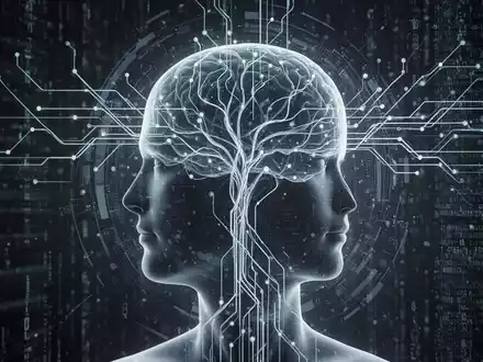 Eine stilisierte menschliche Kopf-Silhouette mit neuronalen Netzwerkverbindungen und einem digitalen Interface vor dunklem, abstraktem Datenstrom. - Foto: über boerse-global.de