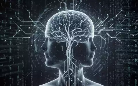 Eine stilisierte menschliche Kopf-Silhouette mit neuronalen Netzwerkverbindungen und einem digitalen Interface vor dunklem, abstraktem Datenstrom. - Foto: über boerse-global.de