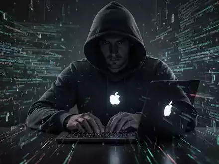 Eine schattenhafte Figur mit Kapuzenpullover tippt auf einem Laptop mit leuchtendem Apple-Logo, umgeben von digitalem Code. - Foto: über boerse-global.de
