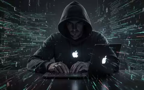 Eine schattenhafte Figur mit Kapuzenpullover tippt auf einem Laptop mit leuchtendem Apple-Logo, umgeben von digitalem Code. - Foto: über boerse-global.de