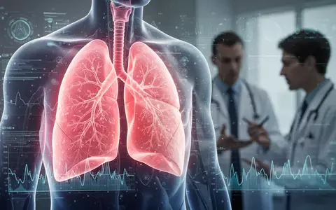 Nahaufnahme von durchscheinenden Lungen, überlagert mit digitalen Datenströmen und medizinischen Grafiken. Im Hintergrund verschwommene Silhouetten von Arzt und Patient. - Foto: über boerse-global.de