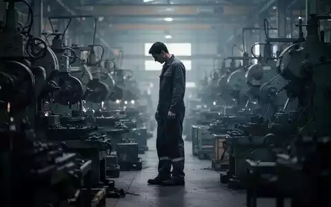 Eine einzelne, stilisierte Person in Arbeitskleidung steht in einer Fabrikhalle, die eine angespannte Arbeitsmarktlage symbolisiert. - Foto: über boerse-global.de