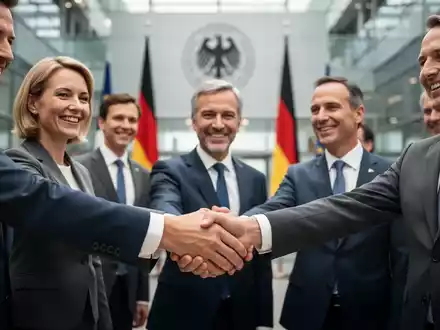 Politiker schütteln sich die Hände in einem modernen Regierungsgebäude, symbolisiert Einigkeit und Zusammenarbeit. Wirtschaftspolitik. - Foto: über boerse-global.de