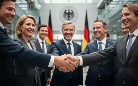 Politiker schütteln sich die Hände in einem modernen Regierungsgebäude, symbolisiert Einigkeit und Zusammenarbeit. Wirtschaftspolitik. - Foto: über boerse-global.de