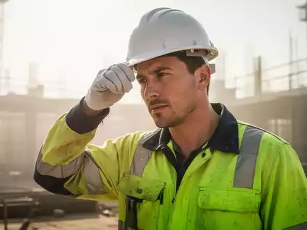 Ein Bauarbeiter in Arbeitskleidung wischt sich auf einer sonnigen Baustelle den Schweiß von der Stirn, während er in der Hitze arbeitet. - Foto: über boerse-global.de