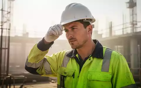 Ein Bauarbeiter in Arbeitskleidung wischt sich auf einer sonnigen Baustelle den Schweiß von der Stirn, während er in der Hitze arbeitet. - Foto: über boerse-global.de