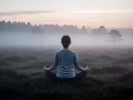 Eine Person meditiert im Morgennebel eines Moores, umgeben von ruhiger Natur. Sonnenlicht bricht durch den Nebel. - Foto: über boerse-global.de