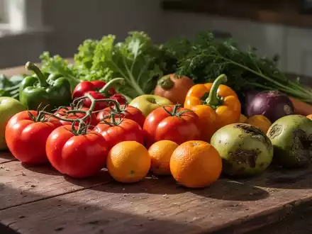 Nahaufnahme von frischem Obst und Gemüse auf einem Holztisch, das sowohl perfekte als auch leicht unvollkommene Exemplare zeigt. - Foto: über boerse-global.de