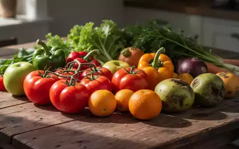Nahaufnahme von frischem Obst und Gemüse auf einem Holztisch, das sowohl perfekte als auch leicht unvollkommene Exemplare zeigt. - Foto: über boerse-global.de