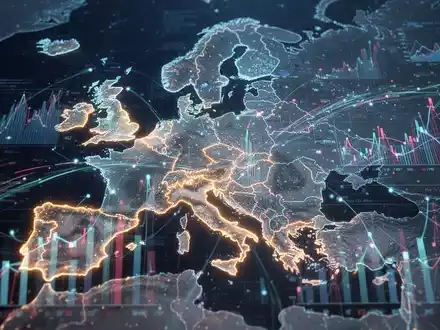 Eine stilisierte, leuchtende Europakarte mit digitalen Datenströmen und Finanzgrafiken, die Investitionen und Vorschriften symbolisiert. - Foto: über boerse-global.de