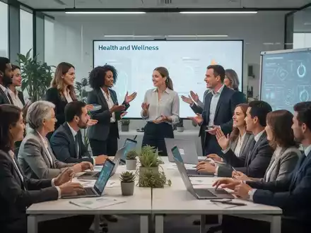 Eine Gruppe von Geschäftsleuten nimmt an einem Gesundheits- und Wellness-Workshop in einem modernen Büro teil. - Foto: über boerse-global.de