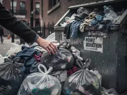 Eine Hand greift in einen Stapel von Kleidersäcken neben einem überfüllten Altkleidercontainer in einer städtischen Umgebung. - Foto: über boerse-global.de