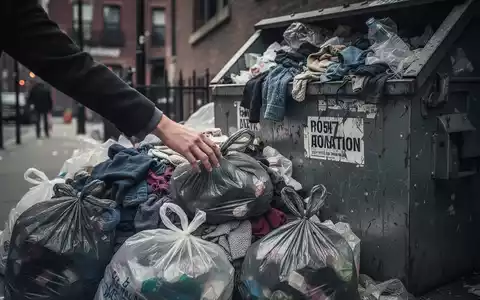 Eine Hand greift in einen Stapel von Kleidersäcken neben einem überfüllten Altkleidercontainer in einer städtischen Umgebung. - Foto: über boerse-global.de