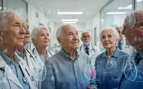 Eine Gruppe älterer Menschen in einem hellen, modernen Raum, mit subtilen digitalen Überlagerungen, die Daten und medizinische Scans andeuten. - Foto: über boerse-global.de