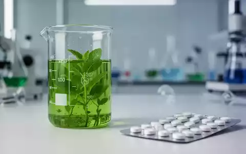 Ein klares Glasbecher mit grüner Flüssigkeit neben einem verschwommenen Medikamentenblister in einem Labor. - Foto: über boerse-global.de