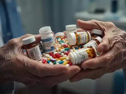 Ältere Hände halten mehrere Medikamentenflaschen, um die Belastung durch Polypharmazie und Adipositas darzustellen. - Foto: über boerse-global.de