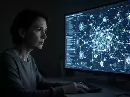 Eine Person sitzt allein in einem dunklen Raum, erleuchtet von einem Bildschirm mit einem komplexen KI-Netzwerk, was Verletzlichkeit widerspiegelt. - Foto: über boerse-global.de