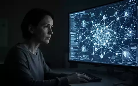 Eine Person sitzt allein in einem dunklen Raum, erleuchtet von einem Bildschirm mit einem komplexen KI-Netzwerk, was Verletzlichkeit widerspiegelt. - Foto: über boerse-global.de