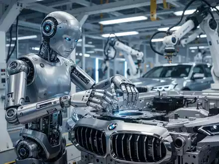 Ein humanoider Roboter montiert präzise ein Bauteil an einem BMW-Fließband in einer hochmodernen Fabrik. - Foto: über boerse-global.de