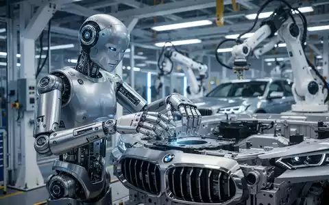 Ein humanoider Roboter montiert präzise ein Bauteil an einem BMW-Fließband in einer hochmodernen Fabrik. - Foto: über boerse-global.de