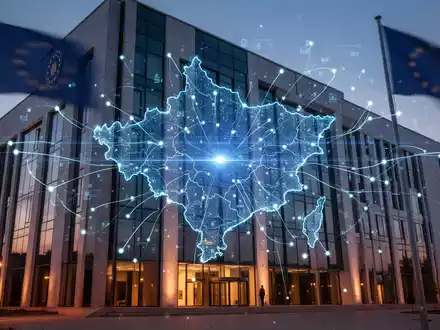 Leuchtende digitale Karte Kosovos auf modernem Regierungsgebäude, Symbol für digitale Transformation und EU-Integration. - Foto: über boerse-global.de