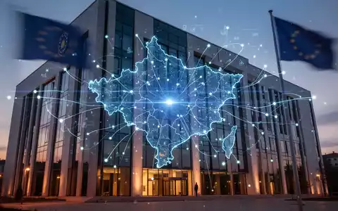 Leuchtende digitale Karte Kosovos auf modernem Regierungsgebäude, Symbol für digitale Transformation und EU-Integration. - Foto: über boerse-global.de