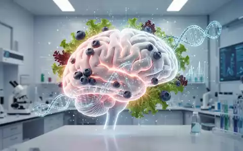 Ein stilisiertes, leuchtendes menschliches Gehirn, umgeben von Elementen gesunder Ernährung und wissenschaftlicher Forschung in einem medizinischen Umfeld. - Foto: über boerse-global.de