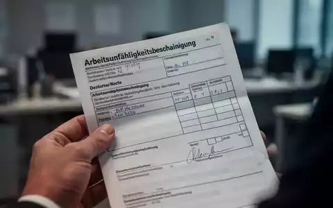 Eine Hand hält eine ärztliche Krankschreibung, mit einem Büro im unscharfen Hintergrund. Die Krankschreibung ist deutlich sichtbar. - Foto: über boerse-global.de
