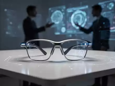 Schlanke, futuristische Smart Glasses auf einem Tisch, verschwommener Hintergrund mit Person, die holografisches Display bedient. - Foto: über boerse-global.de