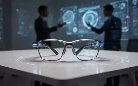 Schlanke, futuristische Smart Glasses auf einem Tisch, verschwommener Hintergrund mit Person, die holografisches Display bedient. - Foto: über boerse-global.de