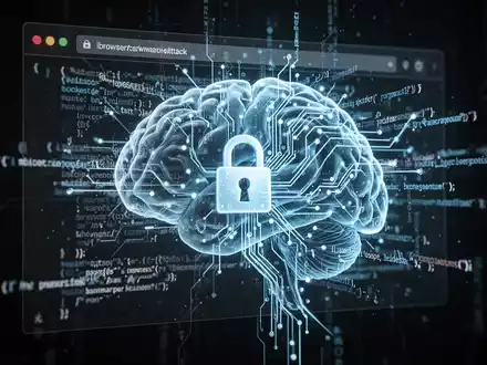 Abstrakte KI-Schaltkreise und Code, projiziert auf einen Webbrowser mit einem Vorhängeschloss-Symbol, das einen browserbasierten Ransomware-Angriff symbolisiert. - Foto: über boerse-global.de