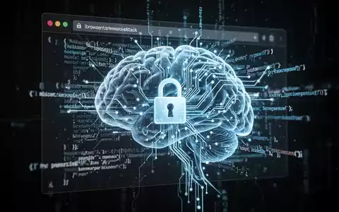 Abstrakte KI-Schaltkreise und Code, projiziert auf einen Webbrowser mit einem Vorhängeschloss-Symbol, das einen browserbasierten Ransomware-Angriff symbolisiert. - Foto: über boerse-global.de