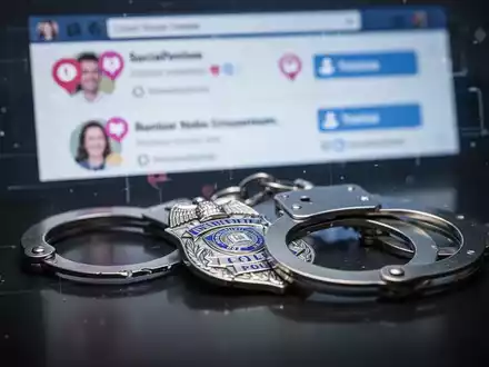 Polizeiabzeichen oder Handschellen auf dunkler Oberfläche, verschwommene Social-Media-App im Hintergrund, Symbol für digitale Verbrechensermittlung. - Foto: über boerse-global.de