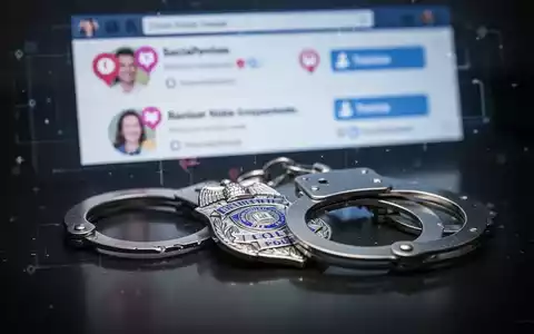 Polizeiabzeichen oder Handschellen auf dunkler Oberfläche, verschwommene Social-Media-App im Hintergrund, Symbol für digitale Verbrechensermittlung. - Foto: über boerse-global.de