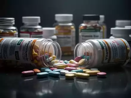 Nahaufnahme von Vitamin B12-Pillen und -Flaschen auf einem dunklen Untergrund, die eine Überdosierung symbolisieren. - Foto: über boerse-global.de