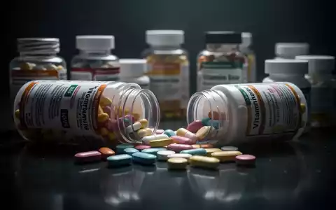Nahaufnahme von Vitamin B12-Pillen und -Flaschen auf einem dunklen Untergrund, die eine Überdosierung symbolisieren. - Foto: über boerse-global.de