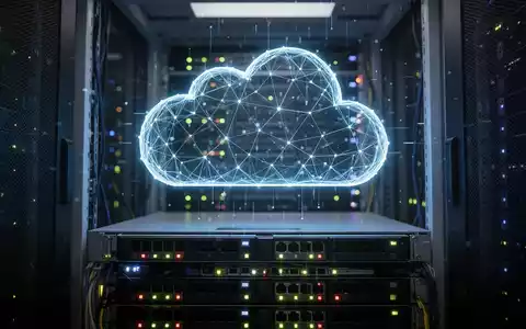 Ein stilisiertes, leuchtendes Wolken-Symbol aus digitalen Linien über einem Server-Rack in einem dunklen Rechenzentrum, das Cloud-Sicherheit darstellt. - Foto: über boerse-global.de