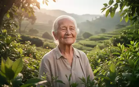Eine vitale ältere Person mit ruhigem Ausdruck, umgeben von üppiger grüner Natur in einer sonnigen Landschaft. - Foto: über boerse-global.de