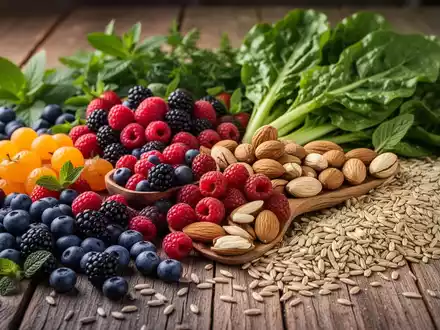 Nahaufnahme einer Auswahl gesunder Lebensmittel wie Beeren, Nüsse, grünes Blattgemüse und Vollkornprodukte auf einem Holztisch. - Foto: über boerse-global.de