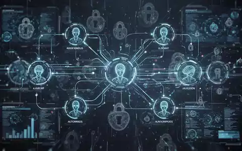 Digitale Oberfläche mit vernetzten KI-Agenten-Icons, Datenströmen und subtilen Blockchain-Elementen, die autonome Systeme und komplexe Arbeitsabläufe symbolisieren. - Foto: über boerse-global.de