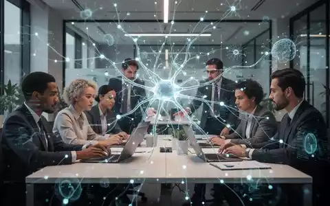 Fachkräfte in einem modernen Büro mit dezent leuchtenden KI-Netzgrafiken, die Technologieintegration und menschliche Zusammenarbeit symbolisieren. - Foto: über boerse-global.de