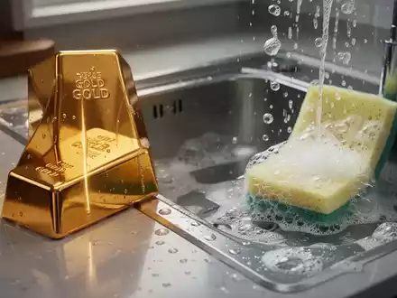 Ein glänzender Goldbarren neben einem sauberen Küchenwaschbecken, das Erschwinglichkeit und Reinigung symbolisiert. - Foto: über boerse-global.de
