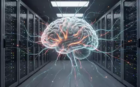 Digitales Gehirn mit leuchtenden Nervenbahnen, verbunden mit Serverracks, symbolisiert KI, Technologie und regulatorische Veränderungen. - Foto: über boerse-global.de