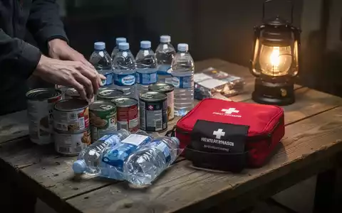 Hände sortieren Notvorräte wie Konservendosen, Wasserflaschen und einen Erste-Hilfe-Kasten auf einem Holztisch, im Hintergrund eine Laterne. - Foto: über boerse-global.de