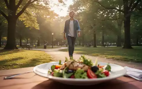 Eine Person geht entspannt in einem sonnigen Park nach dem Essen, im Vordergrund ein unscharfer Teller mit gesunden Speisen. - Foto: über boerse-global.de