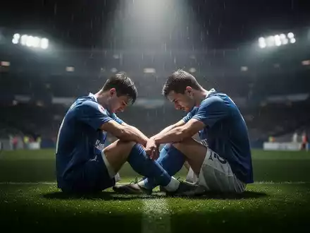 Ein einsamer Fußballspieler sitzt nach einem Spiel mit gesenktem Kopf auf einem verlassenen Feld, umgeben von Regen. - Foto: über boerse-global.de