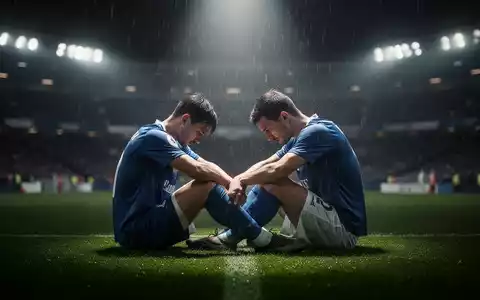 Ein einsamer Fußballspieler sitzt nach einem Spiel mit gesenktem Kopf auf einem verlassenen Feld, umgeben von Regen. - Foto: über boerse-global.de