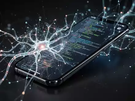 Leuchtendes neuronales Netzwerk überlagert Smartphone-Display mit Codezeilen, symbolisiert KI und Cybersicherheit. - Foto: über boerse-global.de